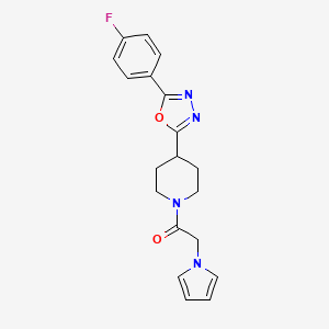 molecular formula C19H19FN4O2 B2705766 1-(4-(5-(4-fluorophenyl)-1,3,4-oxadiazol-2-yl)piperidin-1-yl)-2-(1H-pyrrol-1-yl)ethanone CAS No. 1351645-74-3