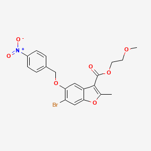 molecular formula C20H18BrNO7 B2705814 2-甲氧基乙基 6-溴-2-甲基-5-[(4-硝基苯基)甲氧基]-1-苯并呋喃-3-羧酸酯 CAS No. 433701-64-5