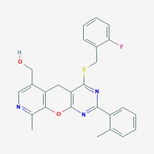 molecular formula C26H22FN3O2S B2705832 (7-{[(2-Fluorophenyl)methyl]sulfanyl}-14-methyl-5-(2-methylphenyl)-2-oxa-4,6,13-triazatricyclo[8.4.0.0^{3,8}]tetradeca-1(10),3(8),4,6,11,13-hexaen-11-yl)methanol CAS No. 892415-65-5