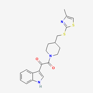 molecular formula C20H21N3O2S2 B2705887 1-(1H-indol-3-yl)-2-(4-(((4-methylthiazol-2-yl)thio)methyl)piperidin-1-yl)ethane-1,2-dione CAS No. 1421499-69-5