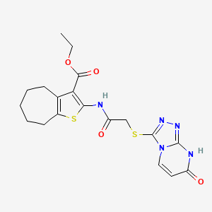molecular formula C19H21N5O4S2 B2705938 ethyl 2-(2-((7-oxo-7,8-dihydro-[1,2,4]triazolo[4,3-a]pyrimidin-3-yl)thio)acetamido)-5,6,7,8-tetrahydro-4H-cyclohepta[b]thiophene-3-carboxylate CAS No. 877638-39-6