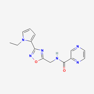 molecular formula C14H14N6O2 B2705977 N-((3-(1-乙基-1H-吡咯-2-基)-1,2,4-噁二唑-5-基)甲基)吡嗪-2-甲酰胺 CAS No. 2034410-50-7