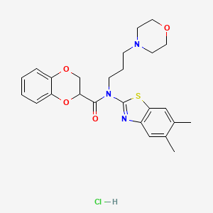 molecular formula C25H30ClN3O4S B2705997 N-(5,6-dimethylbenzo[d]thiazol-2-yl)-N-(3-morpholinopropyl)-2,3-dihydrobenzo[b][1,4]dioxine-2-carboxamide hydrochloride CAS No. 1216513-17-5