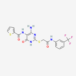 molecular formula C18H14F3N5O3S2 B2706031 N-(4-amino-6-oxo-2-((2-oxo-2-((3-(trifluoromethyl)phenyl)amino)ethyl)thio)-1,6-dihydropyrimidin-5-yl)thiophene-2-carboxamide CAS No. 868225-66-5