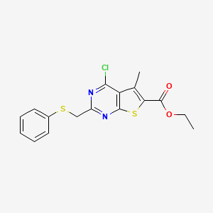 molecular formula C17H15ClN2O2S2 B2706100 Ethyl 4-chloro-5-methyl-2-[(phenylthio)methyl]thieno[2,3-d]pyrimidine-6-carboxylate CAS No. 731001-96-0