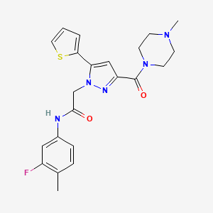 molecular formula C22H24FN5O2S B2706146 N-(3-fluoro-4-methylphenyl)-2-(3-(4-methylpiperazine-1-carbonyl)-5-(thiophen-2-yl)-1H-pyrazol-1-yl)acetamide CAS No. 1172426-02-6