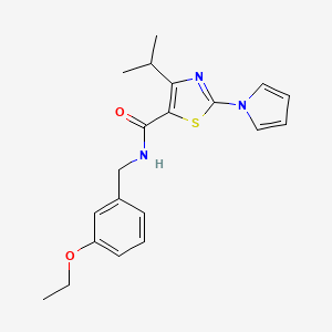 molecular formula C20H23N3O2S B2706155 N-(3-ethoxybenzyl)-4-isopropyl-2-(1H-pyrrol-1-yl)-1,3-thiazole-5-carboxamide CAS No. 1251689-91-4