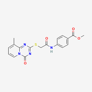 molecular formula C18H16N4O4S B2706281 Methyl 4-[[2-(9-methyl-4-oxopyrido[1,2-a][1,3,5]triazin-2-yl)sulfanylacetyl]amino]benzoate CAS No. 896341-59-6