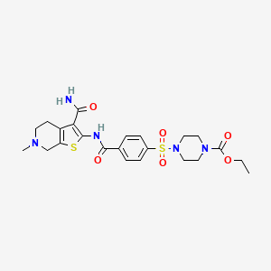 molecular formula C23H29N5O6S2 B2706344 乙酸-4-((4-((3-氨基甲酰-6-甲基-4,5,6,7-四氢噻吩[2,3-c]吡啶-2-基)氨基)苯基)磺酰)哌嗪-1-甲酸乙酯 CAS No. 449767-22-0
