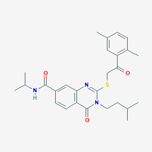 molecular formula C27H33N3O3S B2706353 2-((2-(2,5-二甲基苯基)-2-氧代乙基)硫)-3-异戊基-N-异丙基-4-氧代-3,4-二氢喹唑啉-7-甲酸胺 CAS No. 1113139-72-2