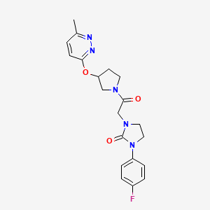 molecular formula C20H22FN5O3 B2706375 1-(4-Fluorophenyl)-3-(2-(3-((6-methylpyridazin-3-yl)oxy)pyrrolidin-1-yl)-2-oxoethyl)imidazolidin-2-one CAS No. 2034444-89-6