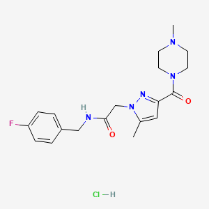 molecular formula C19H25ClFN5O2 B2706399 N-(4-fluorobenzyl)-2-(5-methyl-3-(4-methylpiperazine-1-carbonyl)-1H-pyrazol-1-yl)acetamide hydrochloride CAS No. 1323621-78-8
