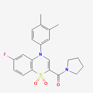 molecular formula C21H21FN2O3S B2706446 (4-(3,4-dimethylphenyl)-6-fluoro-1,1-dioxido-4H-benzo[b][1,4]thiazin-2-yl)(pyrrolidin-1-yl)methanone CAS No. 1251671-42-7
