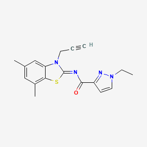molecular formula C18H18N4OS B2706462 (Z)-N-(5,7-二甲基-3-(丙-2-炔基)苯并[d]噻唑-2(3H)-基亚甲基)-1-乙基-1H-吡唑-3-甲酰胺 CAS No. 1173638-12-4