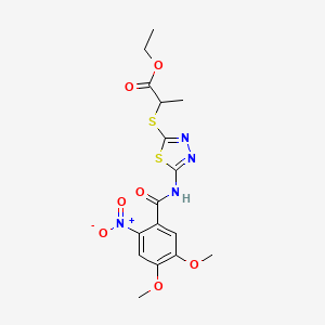 molecular formula C16H18N4O7S2 B2706489 Ethyl 2-((5-(4,5-dimethoxy-2-nitrobenzamido)-1,3,4-thiadiazol-2-yl)thio)propanoate CAS No. 391874-95-6