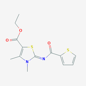 molecular formula C13H14N2O3S2 B2706514 乙酸乙酯 3,4-二甲基-2-(噻吩-2-甲酰亚胺基)-1,3-噻唑-5-甲酸酯 CAS No. 476628-15-6