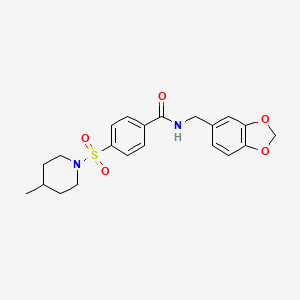 molecular formula C21H24N2O5S B2706536 N-(1,3-benzodioxol-5-ylmethyl)-4-(4-methylpiperidin-1-yl)sulfonylbenzamide CAS No. 496777-25-4
