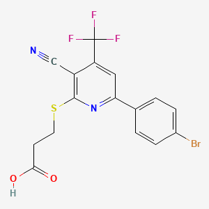 molecular formula C16H10BrF3N2O2S B2706576 3-[6-(4-bromophenyl)-3-cyano-4-(trifluoromethyl)pyridin-2-yl]sulfanylpropanoic Acid CAS No. 625376-46-7