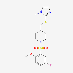 molecular formula C17H22FN3O3S2 B2706583 1-((5-氟-2-甲氧基苯基)磺酰基)-4-(((1-甲基-1H-咪唑-2-基)硫基)甲基)哌啶 CAS No. 1428357-23-6