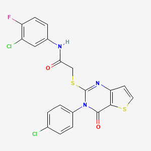 molecular formula C20H12Cl2FN3O2S2 B2706668 N-(3-chloro-4-fluorophenyl)-2-{[3-(4-chlorophenyl)-4-oxo-3,4-dihydrothieno[3,2-d]pyrimidin-2-yl]sulfanyl}acetamide CAS No. 1260991-23-8