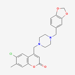 molecular formula C23H23ClN2O4 B2706784 4-((4-(benzo[d][1,3]dioxol-5-ylmethyl)piperazin-1-yl)methyl)-6-chloro-7-methyl-2H-chromen-2-one CAS No. 862193-74-6