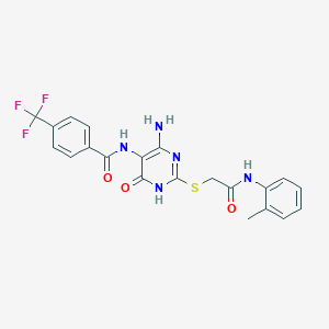 molecular formula C21H18F3N5O3S B2706795 N-(4-amino-6-oxo-2-((2-oxo-2-(o-tolylamino)ethyl)thio)-1,6-dihydropyrimidin-5-yl)-4-(trifluoromethyl)benzamide CAS No. 888435-03-8