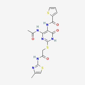 N-(4-acetamido-2-((2-((4-methylthiazol-2-yl)amino)-2-oxoethyl)thio)-6-oxo-1,6-dihydropyrimidin-5-yl)thiophene-2-carboxamide