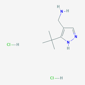 molecular formula C8H17Cl2N3 B2706923 (5-叔丁基-1H-吡唑-4-基)甲胺;盐酸盐 CAS No. 2470435-32-4