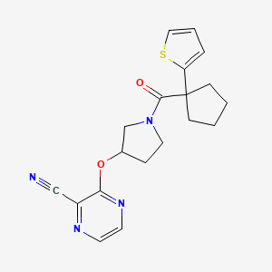 molecular formula C19H20N4O2S B2707002 3-((1-(1-(Thiophen-2-yl)cyclopentanecarbonyl)pyrrolidin-3-yl)oxy)pyrazine-2-carbonitrile CAS No. 2034252-30-5