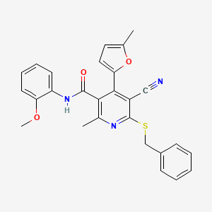 molecular formula C27H23N3O3S B2707005 6-(benzylsulfanyl)-5-cyano-N-(2-methoxyphenyl)-2-methyl-4-(5-methylfuran-2-yl)pyridine-3-carboxamide CAS No. 402953-56-4
