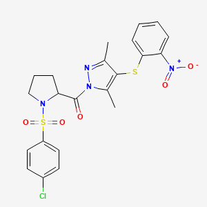 molecular formula C22H21ClN4O5S2 B2707249 (1-((4-chlorophenyl)sulfonyl)pyrrolidin-2-yl)(3,5-dimethyl-4-((2-nitrophenyl)thio)-1H-pyrazol-1-yl)methanone CAS No. 1092982-85-8