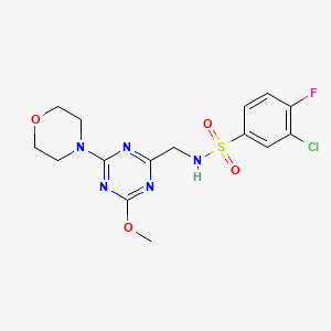 molecular formula C15H17ClFN5O4S B2707280 3-chloro-4-fluoro-N-((4-methoxy-6-morpholino-1,3,5-triazin-2-yl)methyl)benzenesulfonamide CAS No. 2034412-66-1