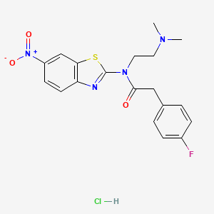 molecular formula C19H20ClFN4O3S B2707356 N-(2-(dimethylamino)ethyl)-2-(4-fluorophenyl)-N-(6-nitrobenzo[d]thiazol-2-yl)acetamide hydrochloride CAS No. 1215402-74-6
