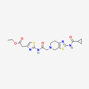 molecular formula C19H23N5O4S2 B2707601 ethyl 2-(2-(2-(2-(cyclopropanecarboxamido)-6,7-dihydrothiazolo[5,4-c]pyridin-5(4H)-yl)acetamido)thiazol-4-yl)acetate CAS No. 1351621-25-4