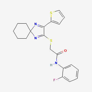 molecular formula C20H20FN3OS2 B2707749 N-(2-fluorophenyl)-2-((3-(thiophen-2-yl)-1,4-diazaspiro[4.5]deca-1,3-dien-2-yl)thio)acetamide CAS No. 1223959-89-4