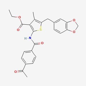 molecular formula C25H23NO6S B2707766 Ethyl 2-(4-acetylbenzamido)-5-(benzo[d][1,3]dioxol-5-ylmethyl)-4-methylthiophene-3-carboxylate CAS No. 476365-69-2