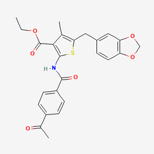 molecular formula C25H23NO6S B2707766 ethyl 2-(4-acetylbenzamido)-5-[(2H-1,3-benzodioxol-5-yl)methyl]-4-methylthiophene-3-carboxylate CAS No. 476365-69-2