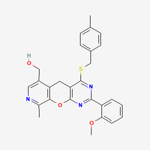 molecular formula C27H25N3O3S B2707772 [5-(2-Methoxyphenyl)-14-methyl-7-{[(4-methylphenyl)methyl]sulfanyl}-2-oxa-4,6,13-triazatricyclo[8.4.0.0^{3,8}]tetradeca-1(10),3(8),4,6,11,13-hexaen-11-yl]methanol CAS No. 892414-77-6