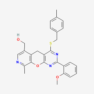 molecular formula C27H25N3O3S B2707772 [5-(2-甲氧基苯基)-14-甲基-7-{[(4-甲基苯基)甲基]硫代}-2-氧-4,6,13-三氮杂三环[8.4.0.0^{3,8}]十四烷-1(10),3(8),4,6,11,13-六烯-11-基]甲醇 CAS No. 892414-77-6