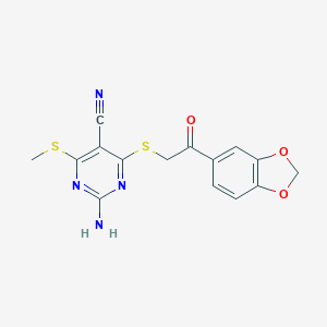 molecular formula C15H12N4O3S2 B270781 2-Amino-4-{[2-(1,3-benzodioxol-5-yl)-2-oxoethyl]sulfanyl}-6-(methylsulfanyl)-5-pyrimidinecarbonitrile 