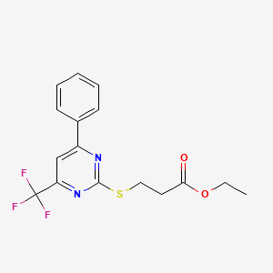 molecular formula C16H15F3N2O2S B2707926 Ethyl 3-{[4-phenyl-6-(trifluoromethyl)pyrimidin-2-yl]thio}propanoate CAS No. 505064-91-5
