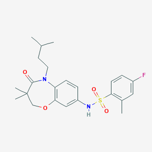 molecular formula C23H29FN2O4S B2707999 4-fluoro-N-(5-isopentyl-3,3-dimethyl-4-oxo-2,3,4,5-tetrahydrobenzo[b][1,4]oxazepin-8-yl)-2-methylbenzenesulfonamide CAS No. 922075-92-1