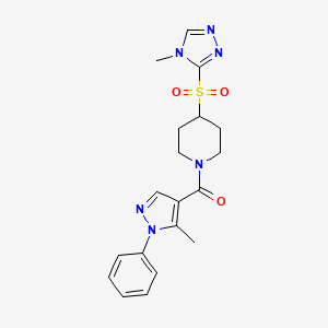 molecular formula C19H22N6O3S B2708137 (5-methyl-1-phenyl-1H-pyrazol-4-yl)(4-((4-methyl-4H-1,2,4-triazol-3-yl)sulfonyl)piperidin-1-yl)methanone CAS No. 1448047-76-4