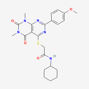 molecular formula C23H27N5O4S B2708150 N-cyclohexyl-2-((2-(4-methoxyphenyl)-6,8-dimethyl-5,7-dioxo-5,6,7,8-tetrahydropyrimido[4,5-d]pyrimidin-4-yl)thio)acetamide CAS No. 852168-79-7