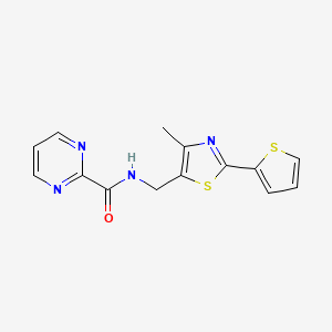 molecular formula C14H12N4OS2 B2708153 N-((4-methyl-2-(thiophen-2-yl)thiazol-5-yl)methyl)pyrimidine-2-carboxamide CAS No. 1421524-15-3