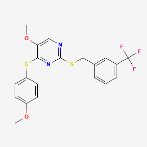 molecular formula C20H17F3N2O2S2 B2708163 5-Methoxy-4-(4-methoxyphenyl)sulfanyl-2-[[3-(trifluoromethyl)phenyl]methylsulfanyl]pyrimidine CAS No. 339276-05-0