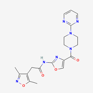 molecular formula C19H21N7O4 B2708188 2-(3,5-二甲基异噁唑-4-基)-N-(4-(4-(嘧啶-2-基)哌嗪-1-甲酰)噁唑-2-基)乙酰胺 CAS No. 1797173-84-2