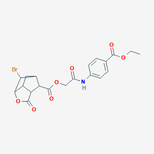 molecular formula C20H20BrNO7 B270824 2-{[4-(ethoxycarbonyl)phenyl]amino}-2-oxoethyl 6-bromo-2-oxohexahydro-2H-3,5-methanocyclopenta[b]furan-7-carboxylate 