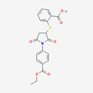 molecular formula C20H17NO6S B2708280 2-((1-(4-(Ethoxycarbonyl)phenyl)-2,5-dioxopyrrolidin-3-yl)thio)benzoic acid CAS No. 459421-29-5