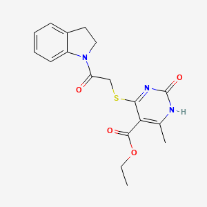 molecular formula C18H19N3O4S B2708298 Ethyl 4-((2-(indolin-1-yl)-2-oxoethyl)thio)-6-methyl-2-oxo-1,2-dihydropyrimidine-5-carboxylate CAS No. 946354-56-9